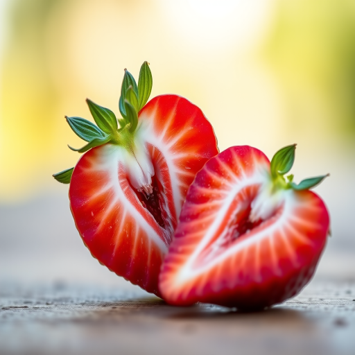 Create a high-resolution image of a fresh strawberry, cut in half to show the juicy interior, with vibrant red and green colors, using a DSLR camera at f/2.8, 50mm lens, in natural light with a shallow depth of field to enhance detail and clarity.