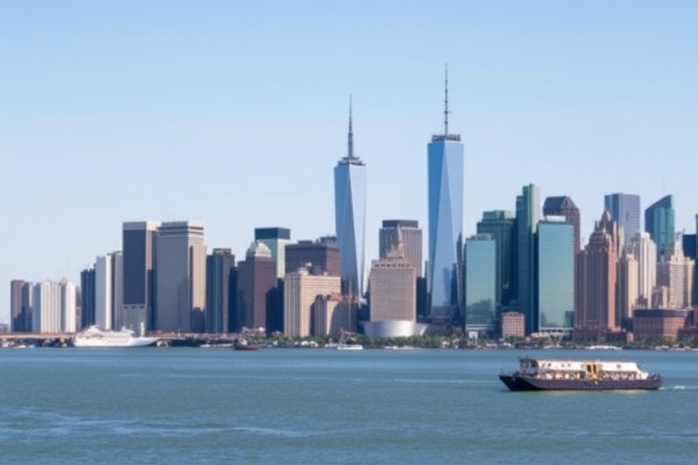 Panoramic view of the New York City skyline during a clear day, captured with a DSLR camera, 24mm lens, aperture f/8, ISO 100, shutter speed 1/250s, focus on the waterfront with vibrant colors and sharp details.