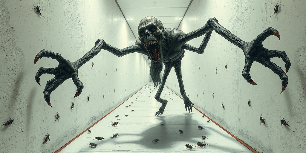 a crooked male with long arms and a creepy smile is crawling along a long white corridor and you can also see cockroaches in it there is a creepy atmosphere creepy art style