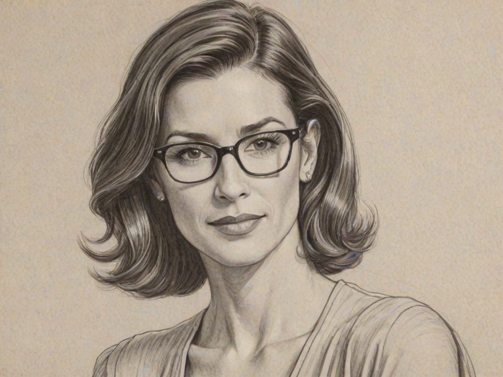Comely Perrey Reeves, pencil sketch, portrait of Alluring woman 1939s in glasses, hair style beatnik, outline, clear lines, fine lines, 8k