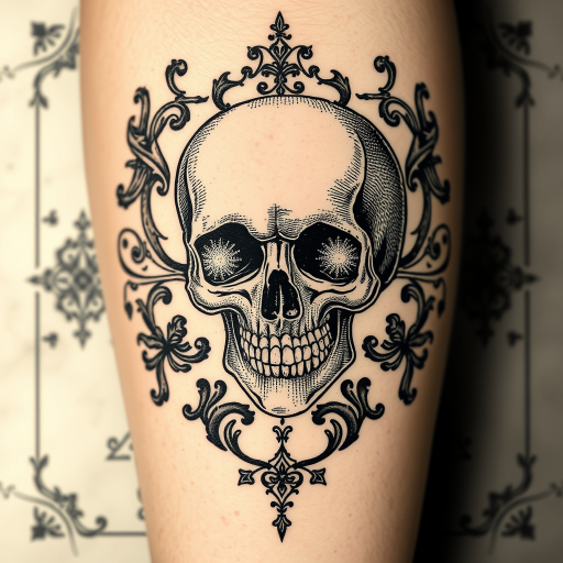 Vintage etching style tattoo named "Memento Mori" featuring intricate crosshatching and stippling techniques to create a hauntingly detailed skull surrounded by baroque flourishes and vanitas symbols meticulous line work mimics the appearance of a centuries-old engraving brought to life on skin