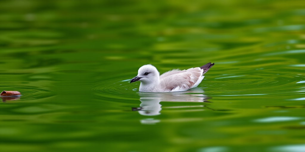 Generate a high-resolution image of a young seagull swimming in calm green water, captured with a DSLR camera using a 50mm lens at f/4, 1/250s shutter speed, ISO 100, with a shallow depth of field to create a soft background blur and enhance the bird's details.