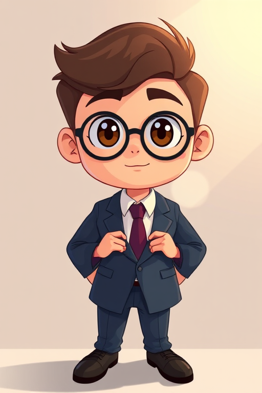 Create a high-resolution digital illustration of a cartoon character in a formal suit standing confidently, using a Canon EOS R5 camera with a 50mm f/1.2 lens, aperture set to f/2.8, and a top-down view for enhanced detail and clarity.