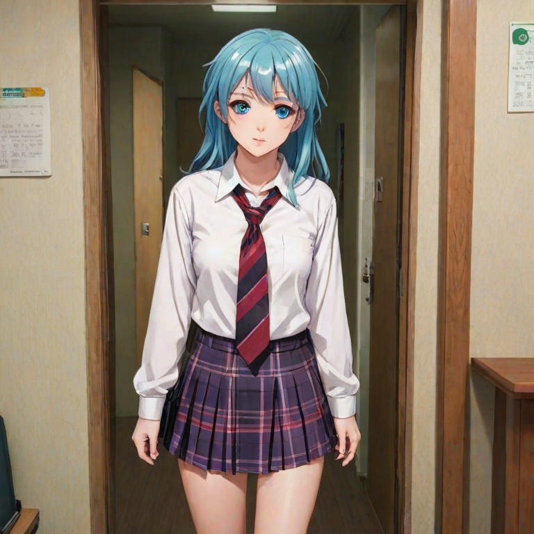 source anime,pov doorway, doorway, asakura toru, pov, walk-in, 1girl, skirt, necktie, school uniform, shirt, shorts, looking at viewer, multicolored hair, white shirt, short hair, indoors, pleated skirt, gradient hair, window, clothes lift, plaid skirt, plaid, skirt lift, pov, earrings, solo focus, black necktie, loose necktie, lifted by self, jewelry, parted bangs, blue hair, 1other, tree, collared shirt, school bag, breast pocket, brown hair, breasts, bag, red shorts, pov hands, parted lips, blue eyes, aqua eyes, clothes around waist, purple hair