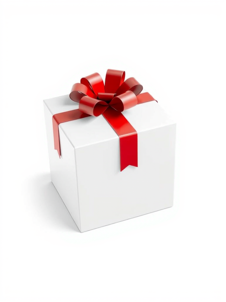 Create a 3D illustration of a blank gift box with a large red ribbon and bow positioned on top, using a Canon EOS R5 camera with a 50mm f/1.2 lens, aperture set to f/4, and shot from a slightly elevated angle to enhance depth and clarity, ensuring a clean white background for contrast.
