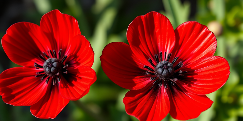 photograph of two vibrant red anemone flowers with detailed petals and contrasting dark centers, taken with a macro lens, f/2.8 aperture, 1/250 sec shutter speed, ISO 100, natural lighting, shallow depth of field, taken with a DSLR camera