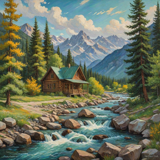 This Van Gogh-inspired painting depicts a peaceful scene of a small cabin located near a flowing river. The scene is surrounded by lush vegetation, including tall trees and rocky terrain. In the background, majestic mountains rise under a sky filled with rolling clouds. The river gently cascades over the rocks, adding a sense of movement and tranquility to the scene. The use of vibrant colors and detailed brushstrokes create a sense of depth and harmony in the natural setting.