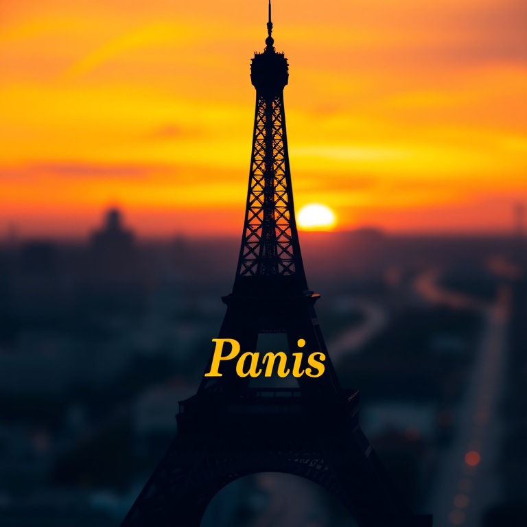 Eiffel Tower silhouette with "Paris" text, vibrant sunset gradient background, soft bokeh effect, shot with a DSLR camera at f/4, ISO 100, 50mm lens, natural light, high dynamic range.