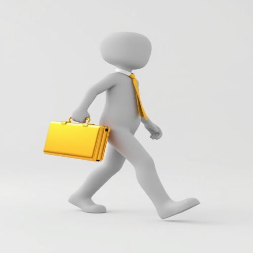 3D rendering of a minimalist figure with a gray body and a shiny golden briefcase, mid-stride, wearing a yellow tie, soft lighting, f/2.8 aperture, 50mm lens, portrait view, DSLR camera, high resolution.