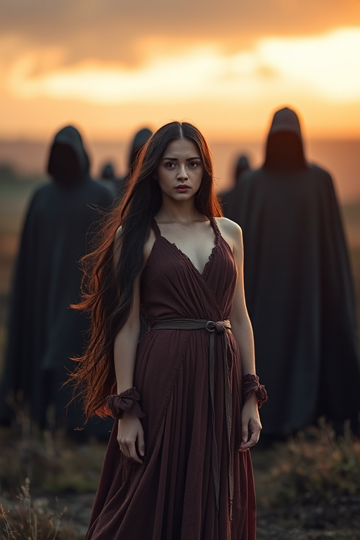 Create a cinematic portrait of a young woman with long dark hair in a tattered gown standing in a mystical landscape surrounded by shadowy figures in dark cloaks, soft focus background for depth, use a Canon EOS R5 with a 50mm f/1.2 lens, ISO 100, aperture f/1.2, shutter speed 1/200s, golden hour lighting for dramatic effect.