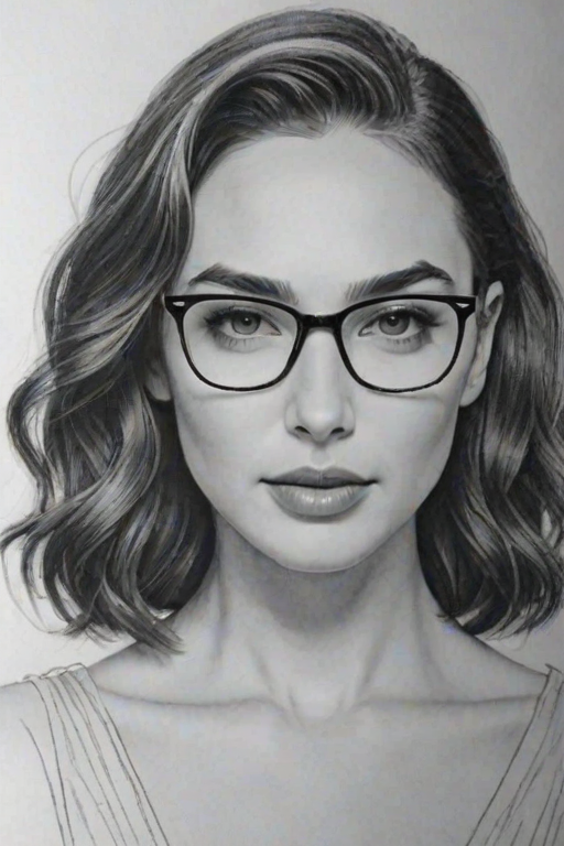Lovely Gal Gadot, pencil sketch, portrait of Beauteous woman 1936s in glasses, hair style beatnik, outline, clear lines, fine lines, 8k