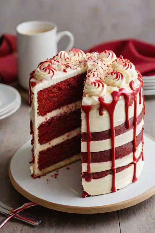 Create an image of a three-layer cake with red velvet layers and a creamy white frosting. The cake should be cut to show its interior, revealing alternating layers of red velvet and a light-colored cake. The top is decorated with swirls of frosting and drizzles of red icing. Include white chocolate shavings around the base of the cake and place it on a wooden cake stand. The background should be warm and inviting, enhancing the cake's appeal.