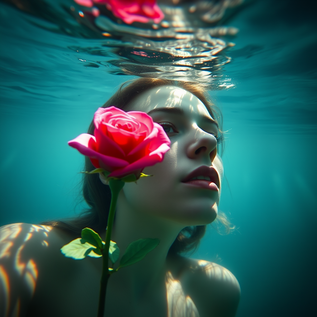 A woman underwater, gazing at a rose Her face is reflected in the water's surface The scene is illuminated by sunlight filtering through the water The atmosphere is serene and contemplative