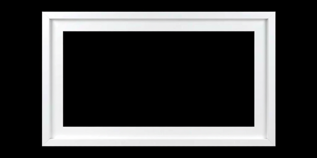 Create a high-resolution image of a blank rectangular frame with minimalist design elements in white, centered against a solid black background, using a DSLR camera with a 50mm lens, aperture set to f/1.8, ISO 100, and a focus distance of 1 meter, captured from a straight-on view with soft lighting to enhance contrast and sharpness.