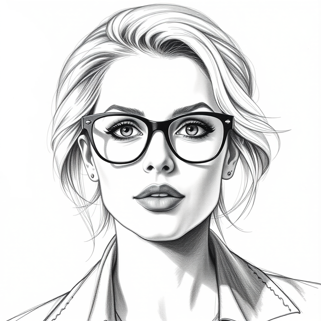Beautiful Charlize Theron, pencil sketch, portrait of beautiful woman 60s in glasses, hair style beatnik, outline, clear lines, fine lines, 8k