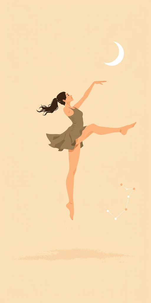 Generate an artistic illustration of a dancer gracefully balancing on one leg in a minimalist style, set against a smooth earthy-toned background, with a crescent moon and constellation outlined nearby, shot with a digital camera at f/2.8, ISO 100, 35mm lens, natural light for soft shadows and enhanced color depth.