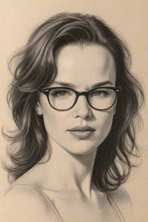 Delightful Juliette Lewis, pencil sketch, portrait of Graceful woman 1952s in glasses, hair style beatnik, outline, clear lines, fine lines, 8k