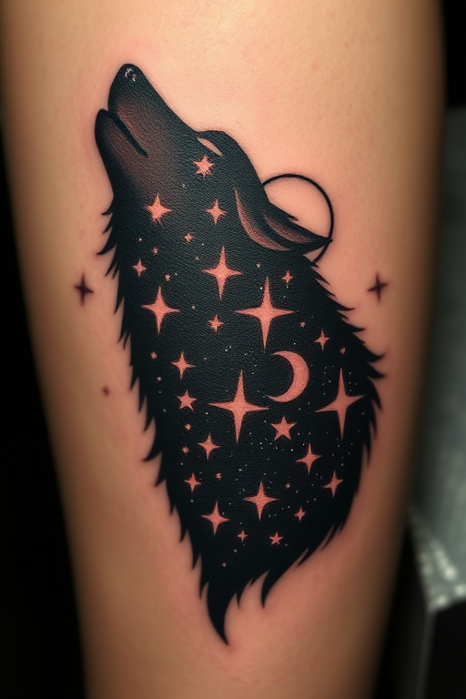Negative space tattoo called "Celestial Silhouette" depicting a starry night sky within the outline of a majestic wolf, with carefully placed white ink highlights creating the illusion of twinkling stars and a glowing moon, perfect for nature lovers and those who feel a deep connection to the animal world and the cosmos.