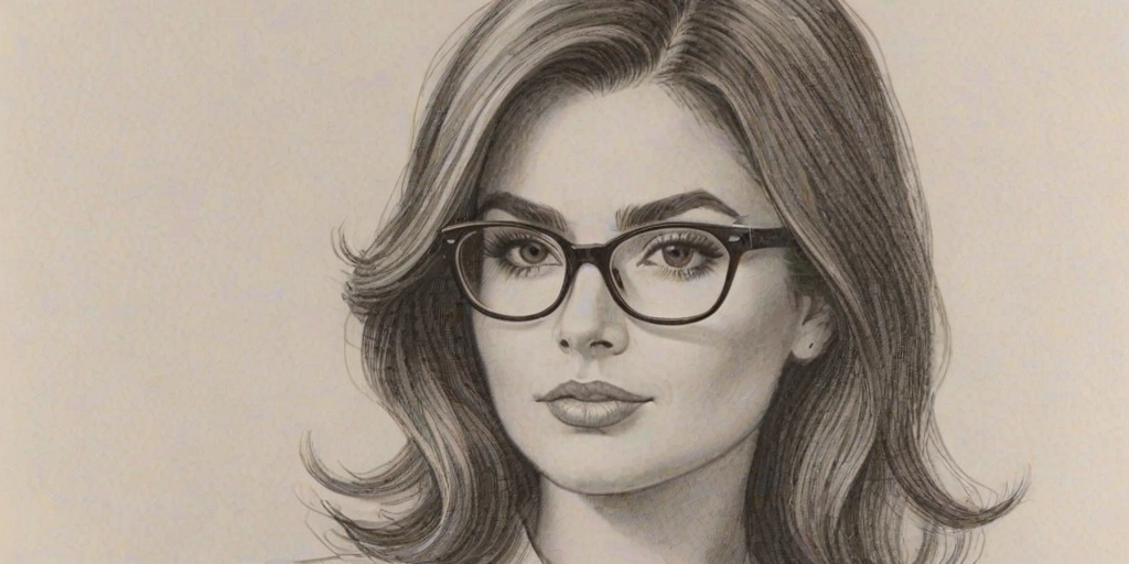 Charming Mikaela Hoover, pencil sketch, portrait of Superb woman 1957s in glasses, hair style beatnik, outline, clear lines, fine lines, 8k