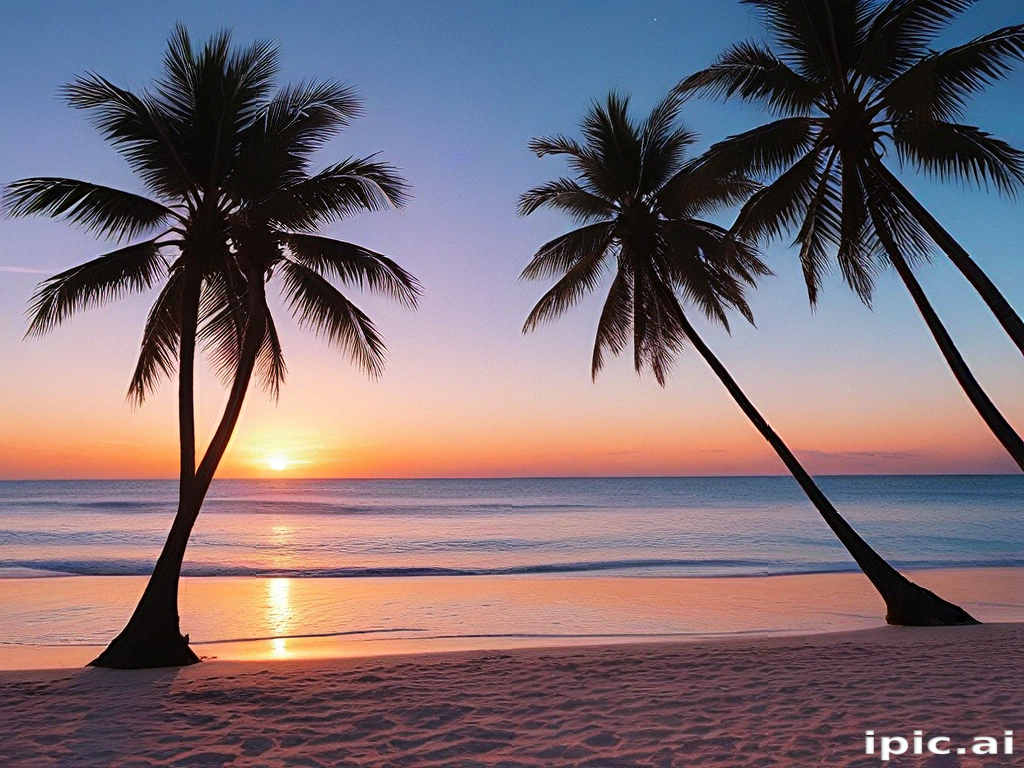 Serene Sunset Over Tranquil Beach with Palm Trees Silhouetted Against ...