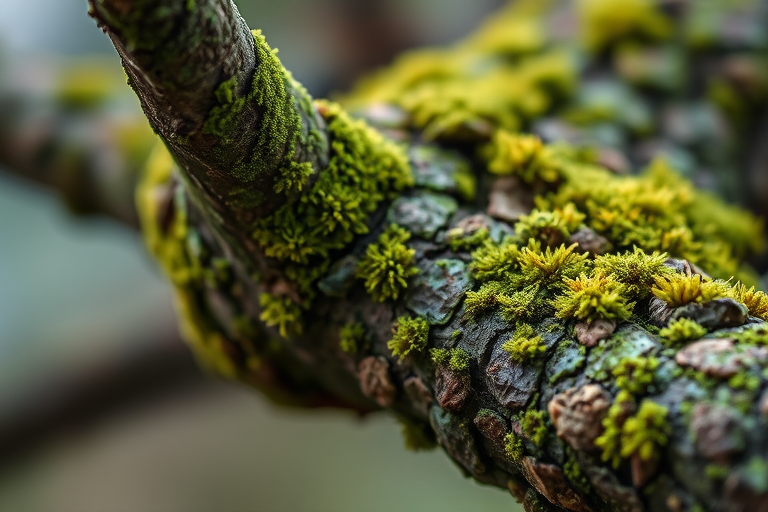 macro shot of a moss-covered tree branch with detailed textures and colors, focus on intricate bark patterns and moss, f-stop 2.8, shutter speed 1/200s, ISO 200, 100mm macro lens, natural soft light, DSLR camera.