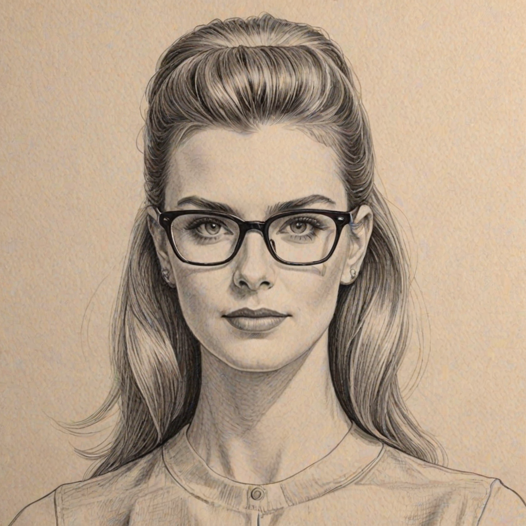 Graceful Betty Gilpin, pencil sketch, portrait of Appealing woman 1967s in glasses, hair style beatnik, outline, clear lines, fine lines, 8k