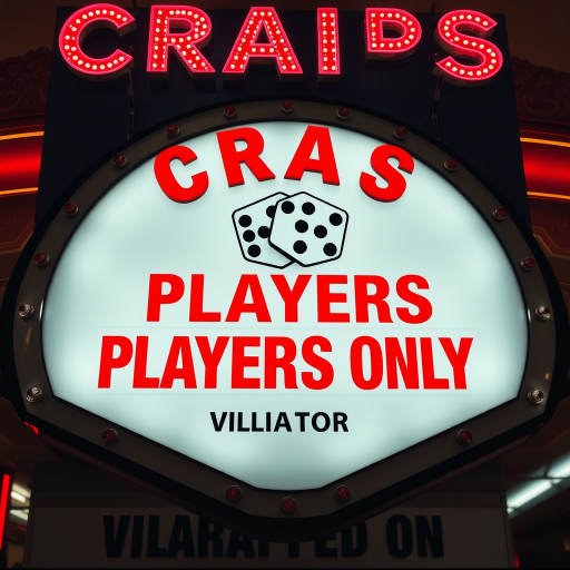 Generate a high-resolution image of a casino sign displaying the text "CRAPS" in bold red letters at the top, with two black and white dice underneath, with the words "PLAYERS ONLY" in large red below, and "VIOLATORS WILL BE CRAPPED ON" in smaller font, captured with a DSLR camera using a 50mm lens, f/1.8 aperture, ISO 200, and shot at eye level for clarity and detail.