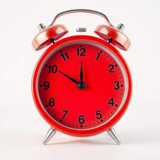 Regenerate a 3D rendering of a classic red alarm clock showing 12:00, with a clean white background, using a DSLR camera set at f/2.8 aperture, 50mm focal length, in macro photography style, with soft lighting to enhance details and texture.