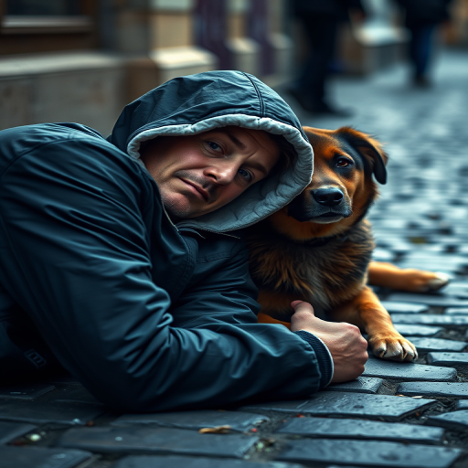 Generate an image of a person in a hooded jacket lying on the ground next to a dog, set against a cobblestone street, with a shallow depth of field, using a DSLR camera with a 50mm lens at f/2.8, ISO 200, and a soft focus effect to enhance the emotional atmosphere.