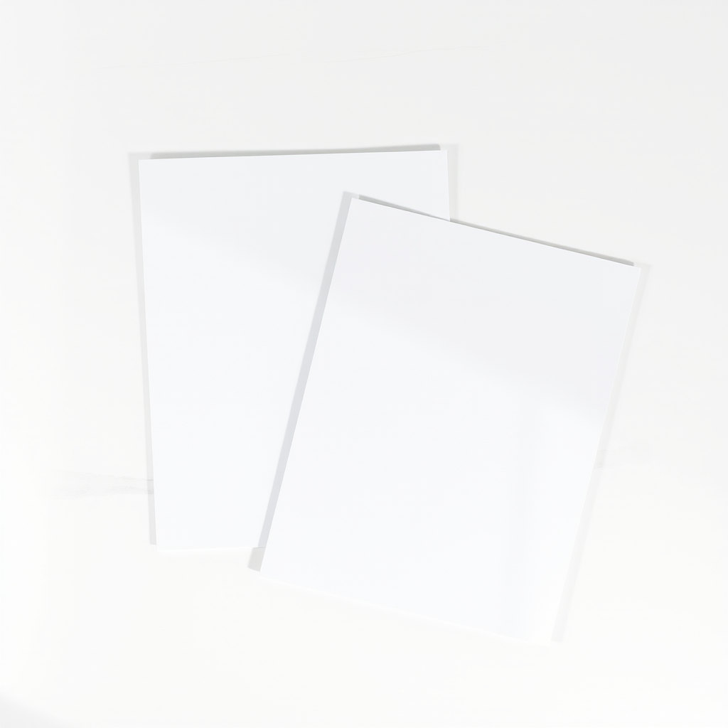 Create a high-resolution image of two overlapping blank documents on a clean surface, captured with a DSLR camera at f/4 aperture, 50mm lens, ISO 100, natural light, top-down view, with a soft focus on the edges to enhance depth.