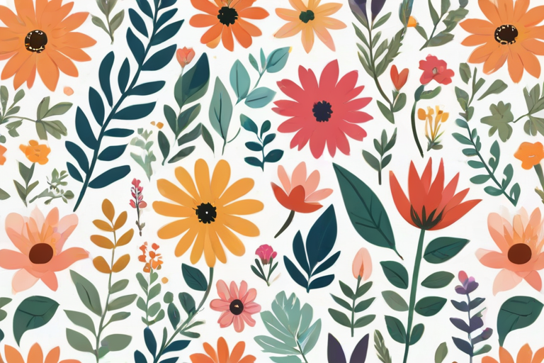 Generate a digital illustration of a variety of colorful flowers and plants with a whimsical and minimalistic design on a white background.