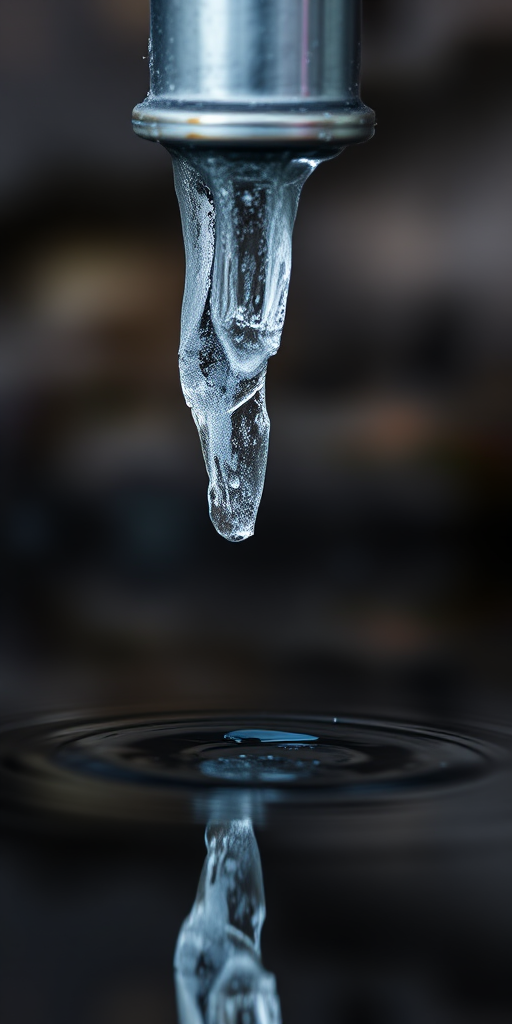Close-up photograph of an icicle hanging from a metal pipe over still water with reflections, using a macro lens, f/2.8 aperture, 1/200 second shutter speed, ISO 100, natural light, DSLR camera.