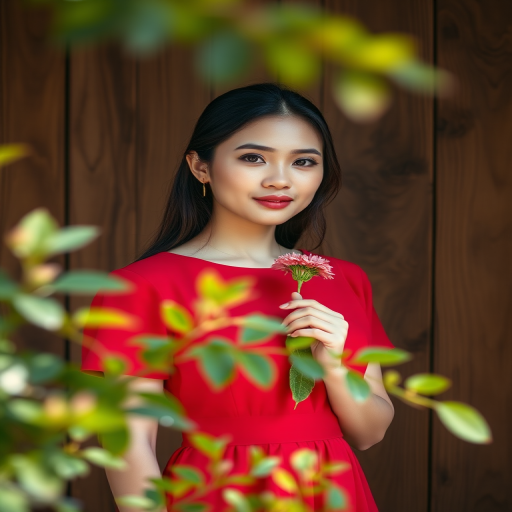 portrait of a woman in a red dress holding a flower, softly blurred greenery in the foreground, wooden background with intricate patterns, natural light, aperture f/1.8, ISO 200, 50mm lens, shallow depth of field, DSLR camera