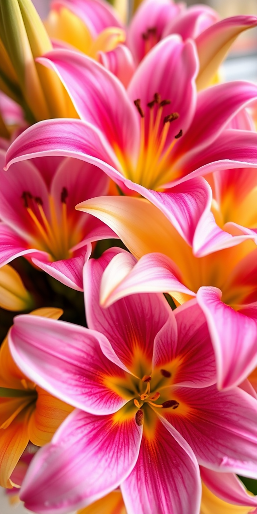 vibrant arrangement of pink and yellow lilies, shallow depth of field, natural light, macro photography, DSLR camera, f/2.8 aperture, 50mm lens, ISO 100, focus on flower details