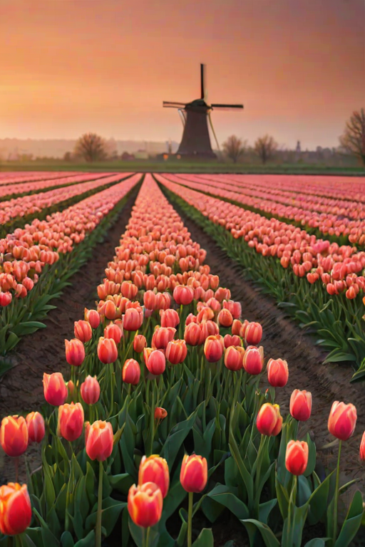 Soft-focus image of a field of tulips in full bloom at sunrise, soft golden light illuminating the vibrant colors, with distant windmills silhouetted against the morning sky and a sense of calm filling the air.