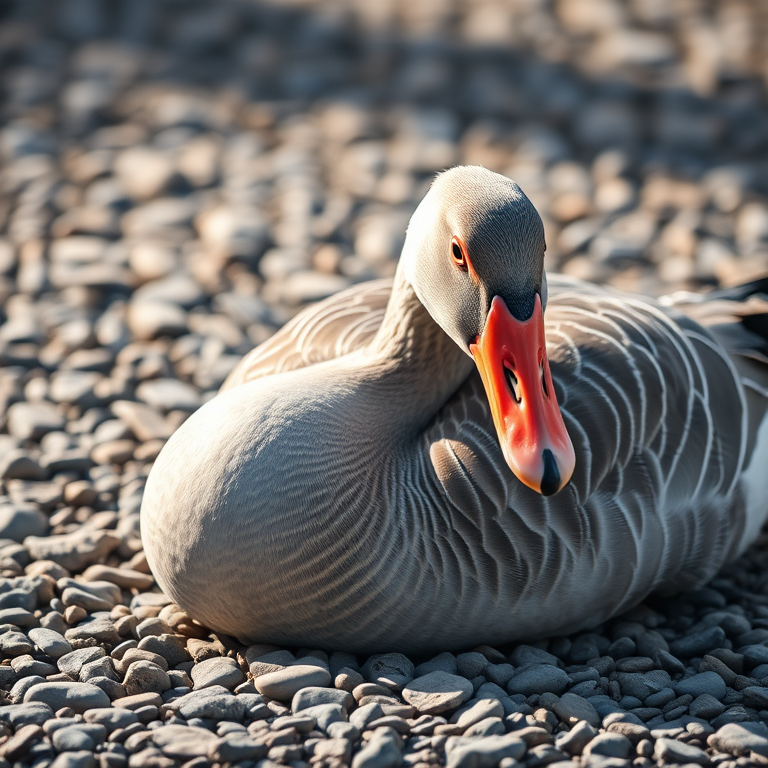 Capture a close-up of a grey goose resting on a pebbled surface, with soft natural lighting, using a DSLR camera with a 50mm lens, aperture f/2.8, ISO 200, shutter speed 1/200s, in portrait orientation to emphasize the texture of its feathers and the details of its surroundings.
