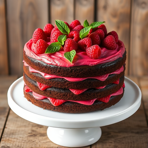 A richly decorated chocolate cake with layers of vibrant raspberry filling and frosting topped with fresh raspberries and mint leaves on a white cake stand with a rustic wooden background.