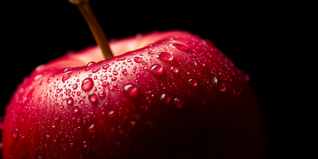 macro shot of a red apple covered in water droplets with black background, aperture f/2.8, shutter speed 1/60s, ISO 100, 50mm lens, soft lighting for enhanced texture, DSLR camera