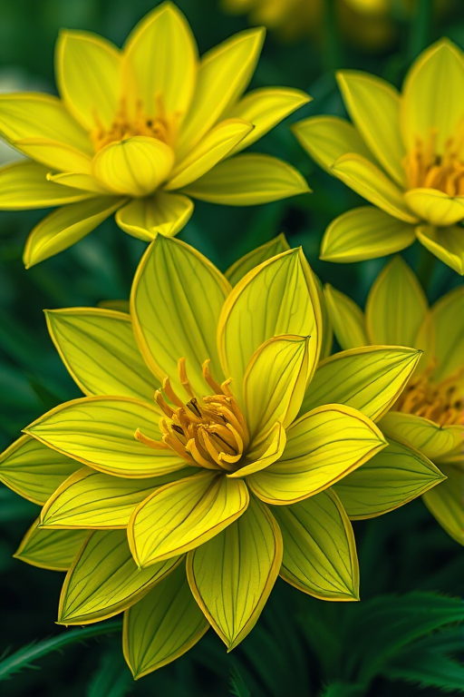 Create a high-resolution digital artwork of stylized flowers with intricate outlines in vibrant green and yellow tones, using a DSLR camera with a 50mm lens, aperture f/2.8, ISO 100, shot from a close-up angle to highlight details and reflections.