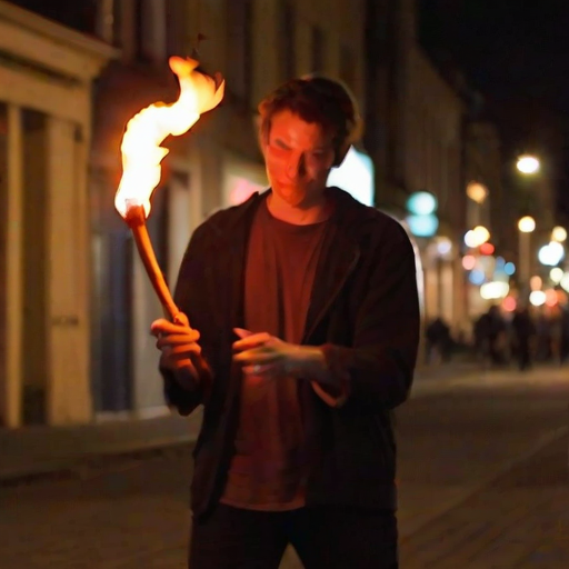Blurry shot of a street performer juggling flaming torches at night, with soft orange and red light from the flames illuminating his concentrated expression, and a faint crowd in the background.