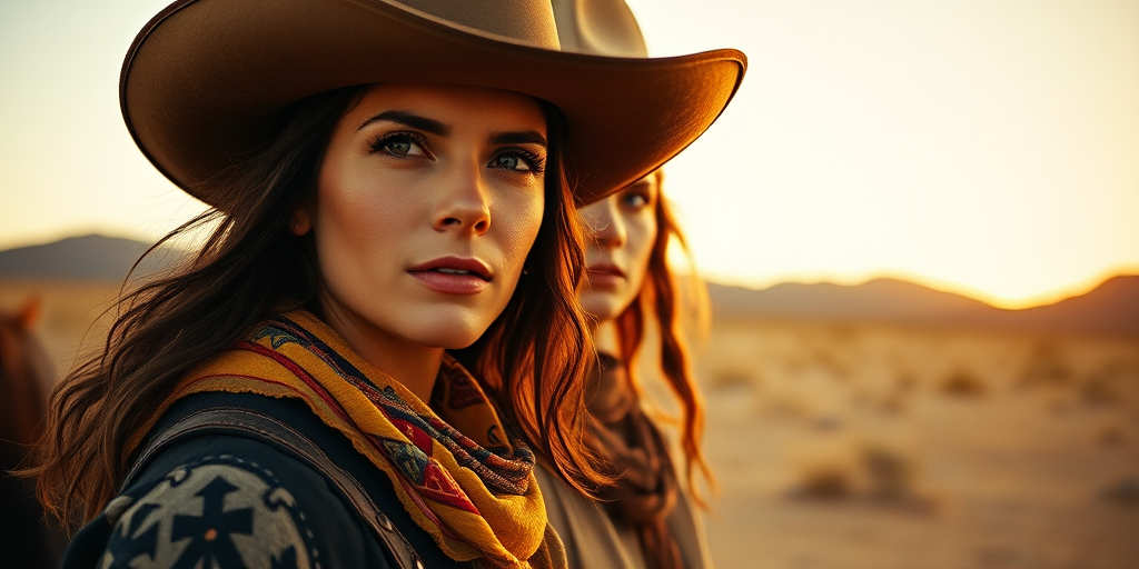 Dramatic photo of a beautiful Circassian woman, classic cowboy attire, confident and free spirit expression, half-length portrait, centered, golden hour desert landscape, warm, diffused light, low angle, medium format film camera, in style of Annie Leibovitz.
