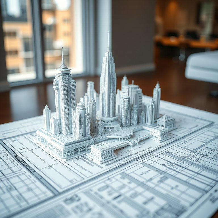 highly detailed architectural model of a futuristic cityscape on blueprints, soft natural lighting, DSLR camera, 50mm lens, aperture f/1.8, ISO 200, shallow depth of field, macro view