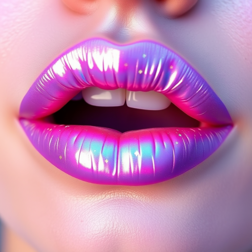 Iridescent holographic lips in "Unicorn Dreams" style, shifting colors from lavender to aqua with every movement, adorned with tiny star-shaped glitter for a magical effect