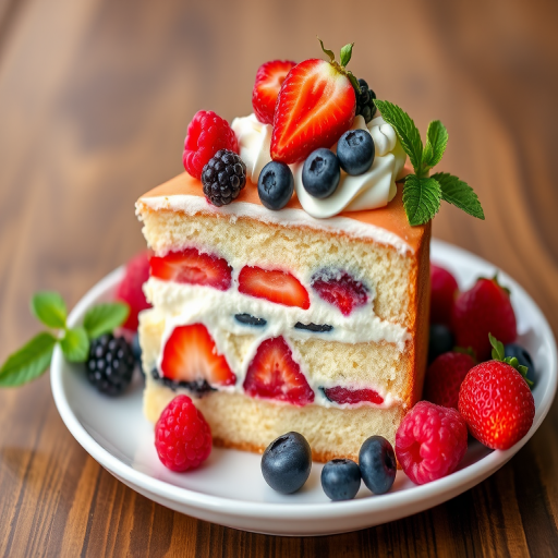 A slice of vanilla cake layered with cream and mixed berries including strawberries raspberries blueberries and blackberries garnished with whipped cream on top served on a white plate with fresh berries and mint leaves on the side