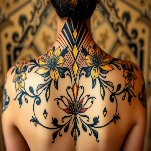 Elegant art deco tattoo titled "Golden Age Glamour" showcasing geometric patterns and stylized floral motifs in metallic gold and black ink, capturing the essence of 1920s sophistication on the back
