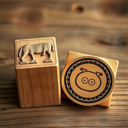 Create a high-resolution image of two wooden stamps, one rectangular and one circular, viewed from a slight angle to show depth, using a DSLR camera at 50mm focal length, f/2.8 aperture, ISO 100, with natural soft lighting to enhance the wood texture and detail.