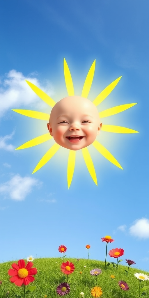 Create an image shows a bright, sun with a smiling baby's face in the center, radiating soft yellow rays. The sun is set against a clear blue sky with a few wispy clouds. Below, there's a lush green grassy hill with colorful, oversized flowers, giving the scene a whimsical, playful atmosphere.