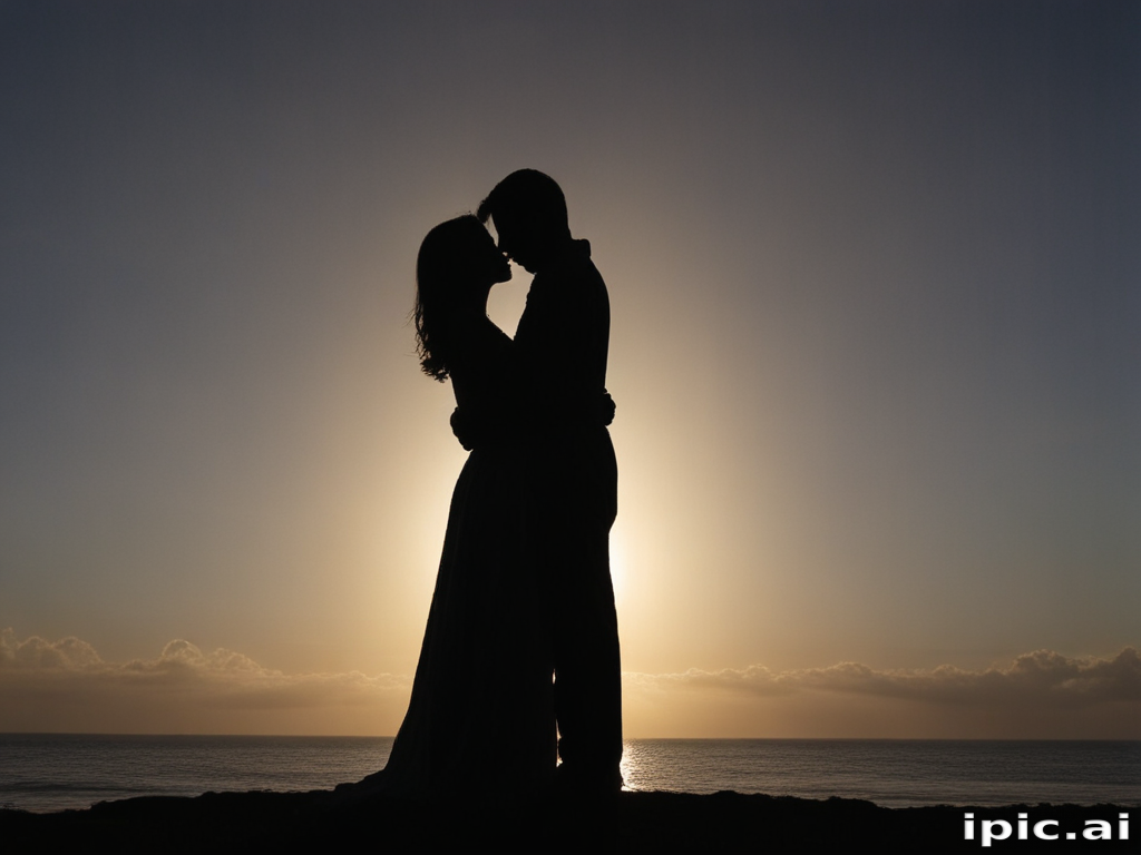 Romantic Silhouette of a Couple Embracing at Sunset on the Beach