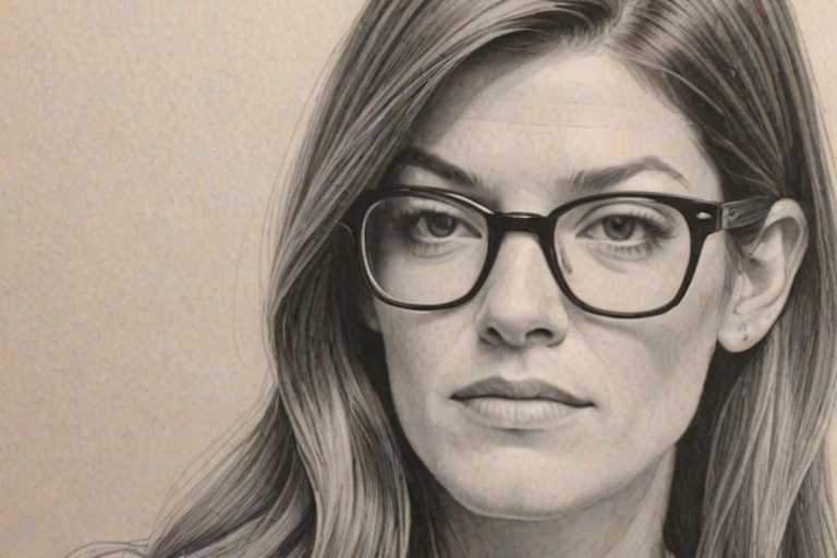 Pleasing Jennifer Carpenter, pencil sketch, portrait of Sublime woman 1965s in glasses, hair style beatnik, outline, clear lines, fine lines, 8k