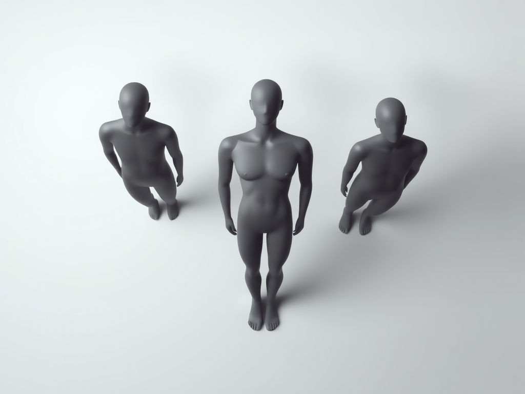 Create a minimalistic vector graphic of three abstract human figures, with the central figure larger and more prominent, using a monochromatic color scheme, captured with a 50mm lens at f/1.8 aperture, ISO 100, in a soft, diffused lighting setup, in a top-down view for depth.